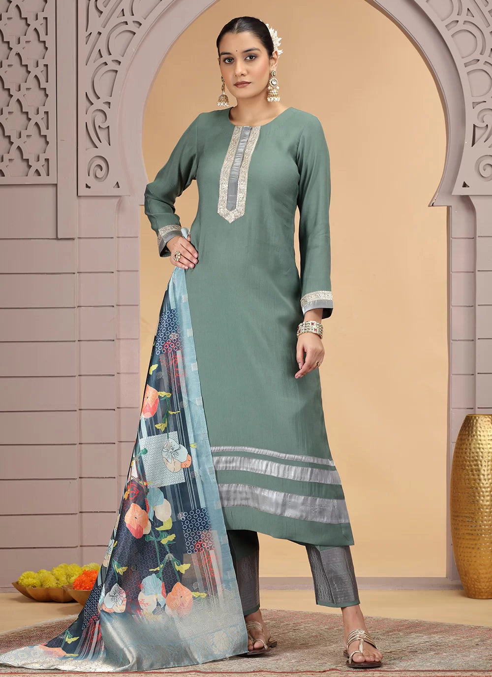 Chhap Tissue Green Colour Chiffon Hand Work Salwar Suit - Swadesiicart