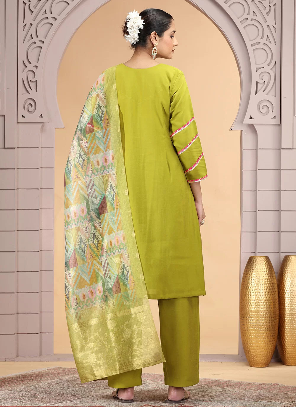 Chhap Mehendi Yellow Colour Chiffon Embroidery Salwar Suit - Swadesiicart