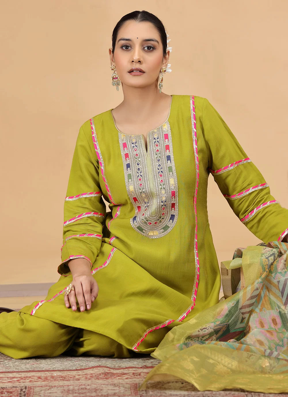 Chhap Mehendi Yellow Colour Chiffon Embroidery Salwar Suit - Swadesiicart