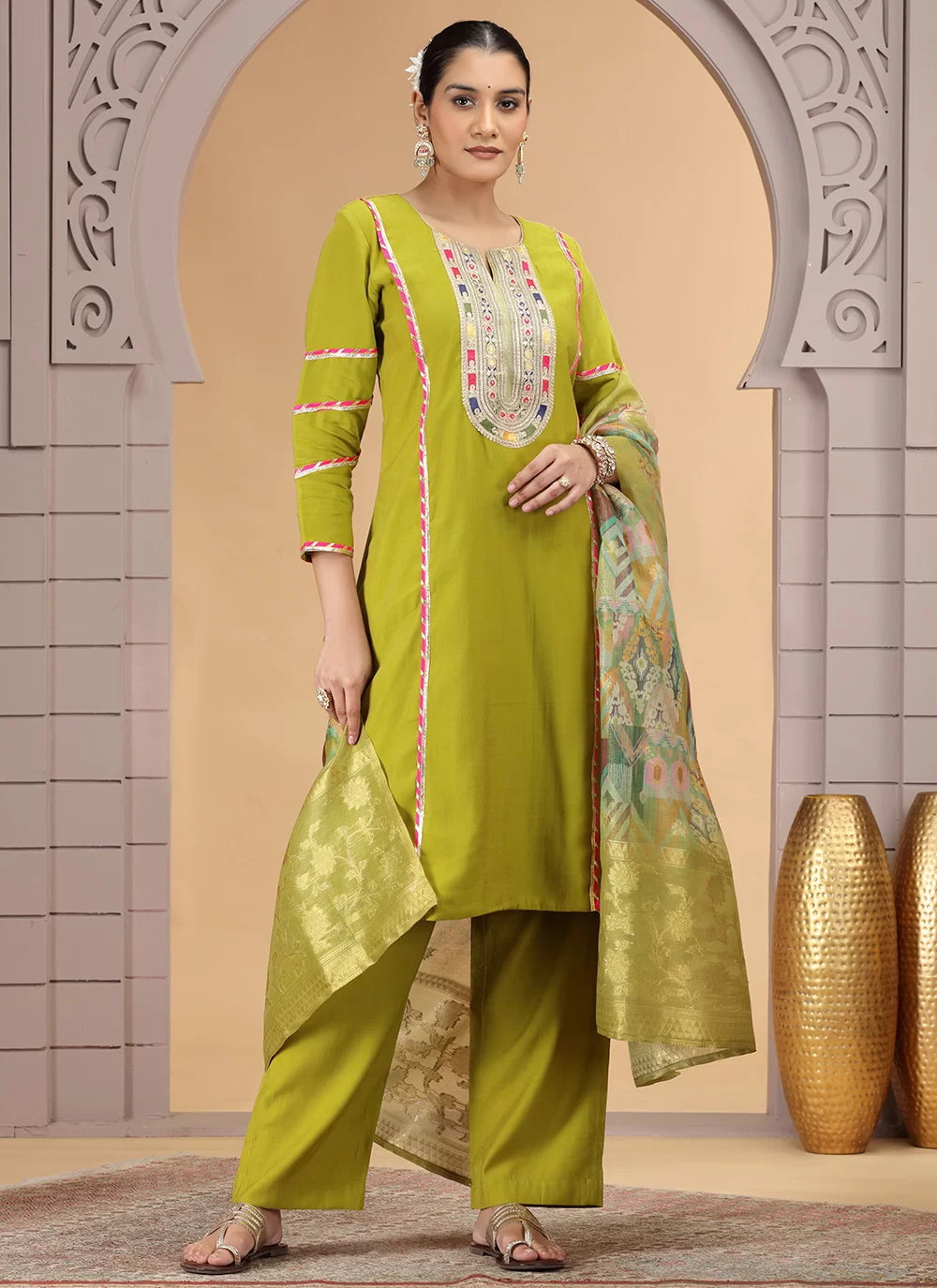 Chhap Mehendi Yellow Colour Chiffon Embroidery Salwar Suit - Swadesiicart