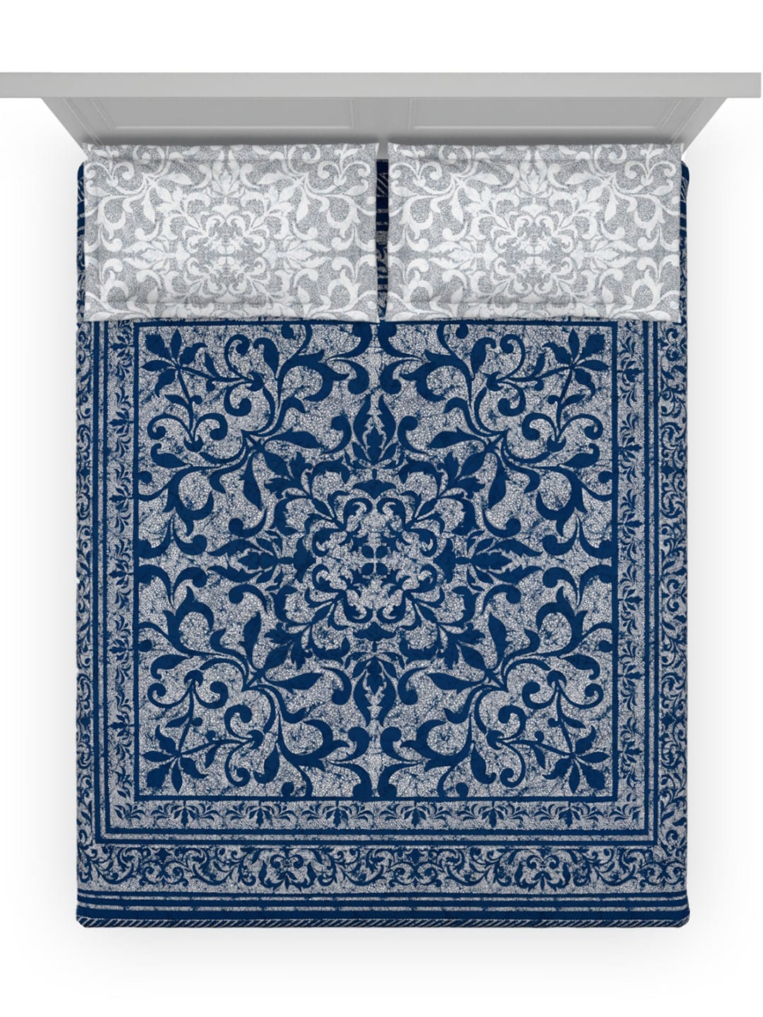 DDecor Blue & White Ethnic Motifs Cotton 140 TC King Bedsheet With 2 Pillow Covers - Swadesiicart