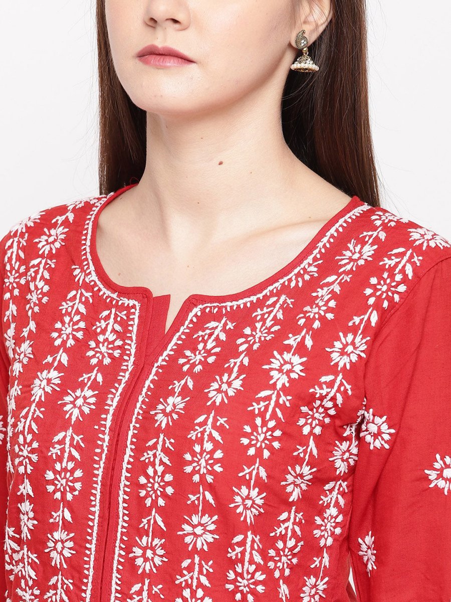 ADA Women Red & White Chikankari Hand Embroidered Straight Sustainable Kurta | Swadesiicart