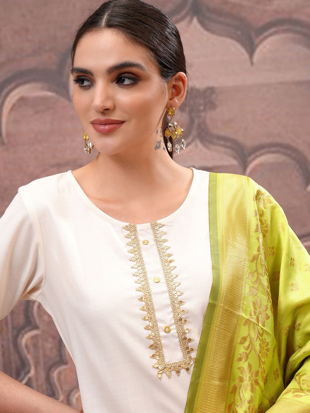 Vishudh Cream Embroidered Straight Kurta with Palazzo & Dupatta - Swadesiicart