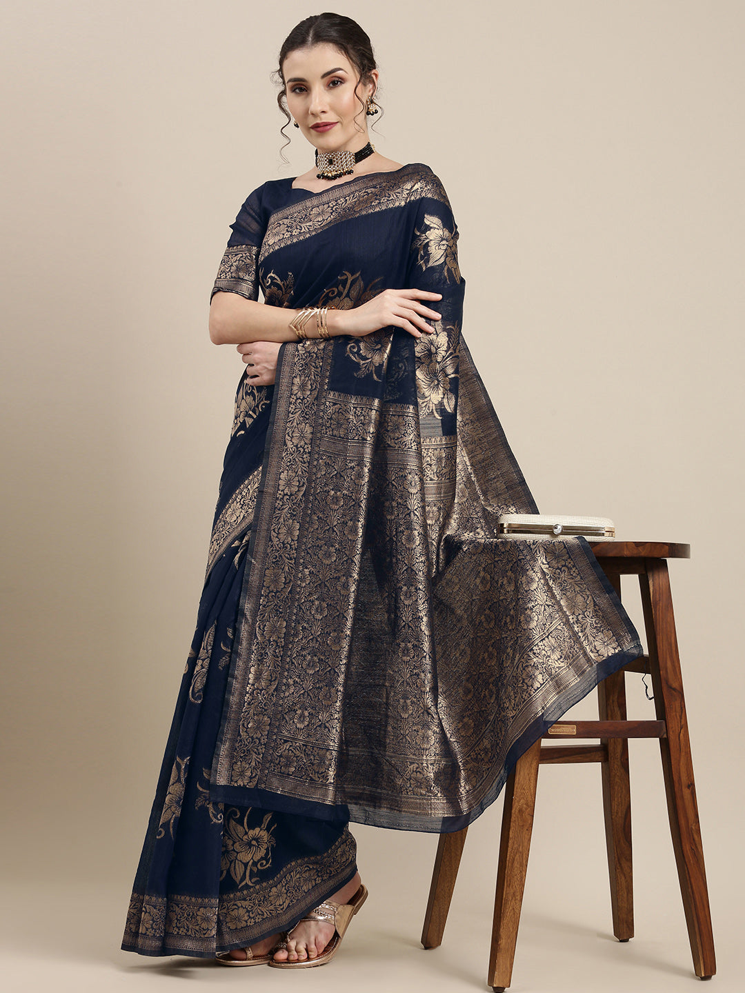 Saree Mall Navy Blue Floral Linen Blend Banarasi Saree | Swadesiicart