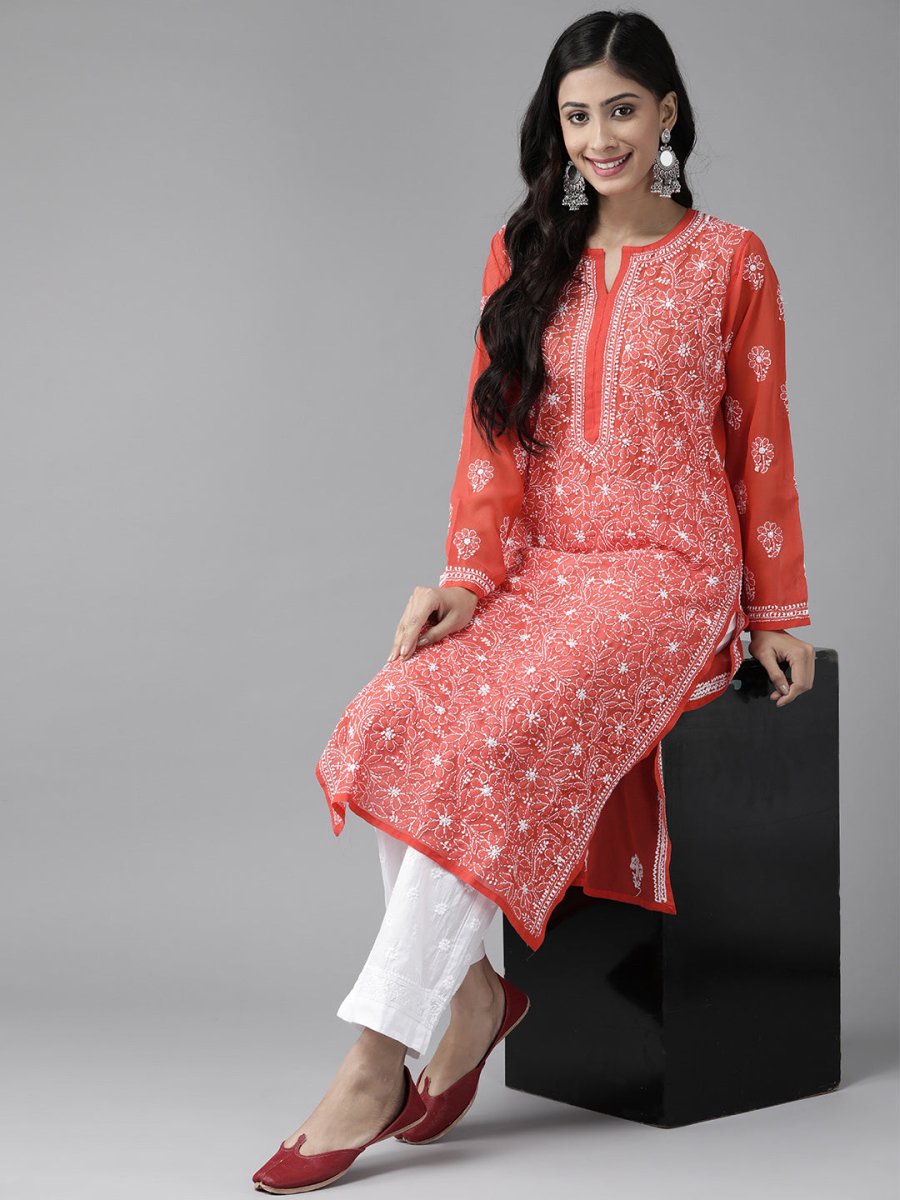 ADA Women Red & White Sustainable Hand Embroidered Chikankari Handloom Kurta with Palazzos | Swadesiicart
