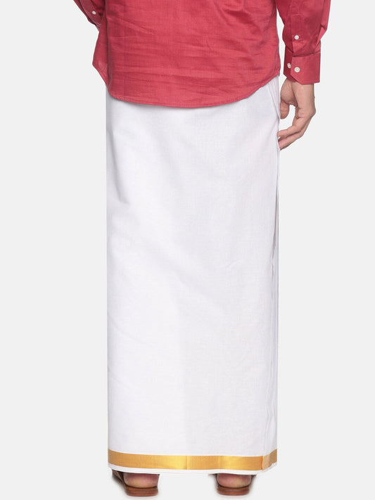 Sethukrishna Men White & Gold-Coloured Solid Cotton Dhoti | Swadesiicart