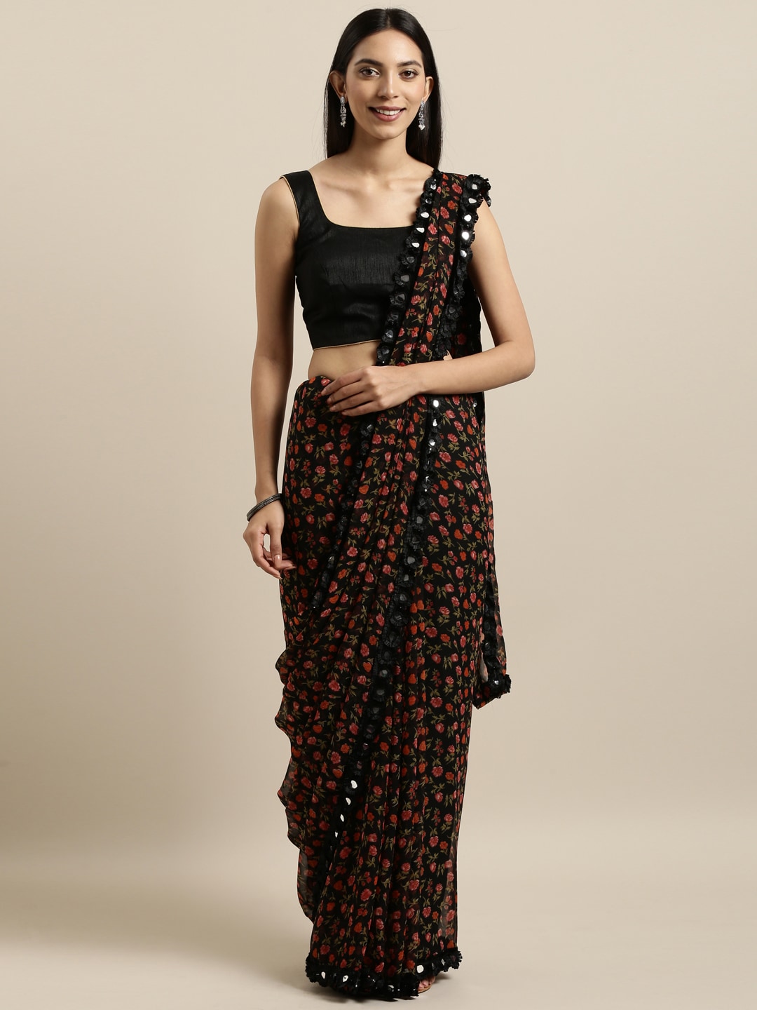 Tikhi Imli Black & Red Poly Georgette Printed Saree | Swadesiicart
