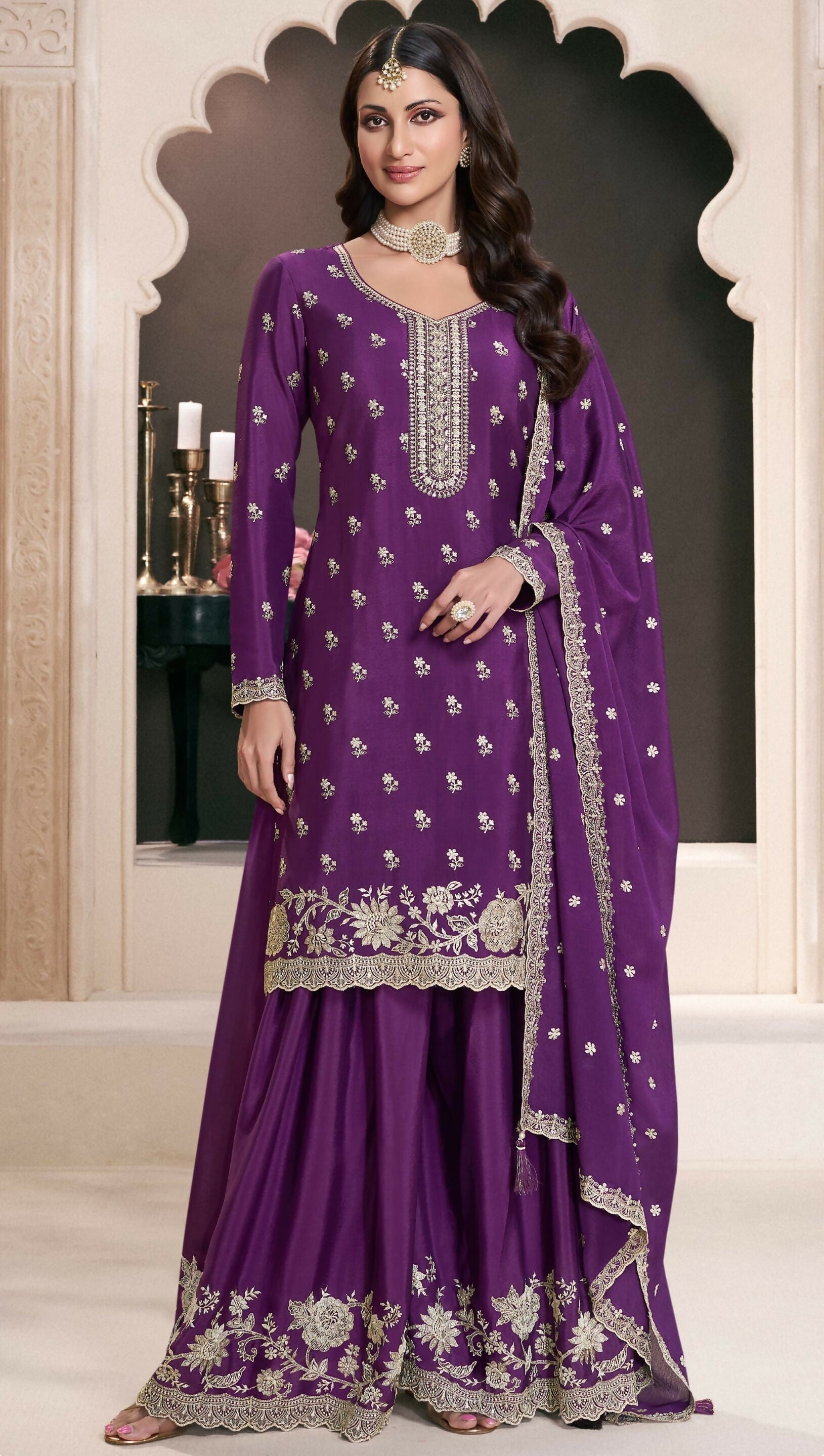 Anaita Purple Chinon Embroidered Thread Work Stitched Salwar Suit