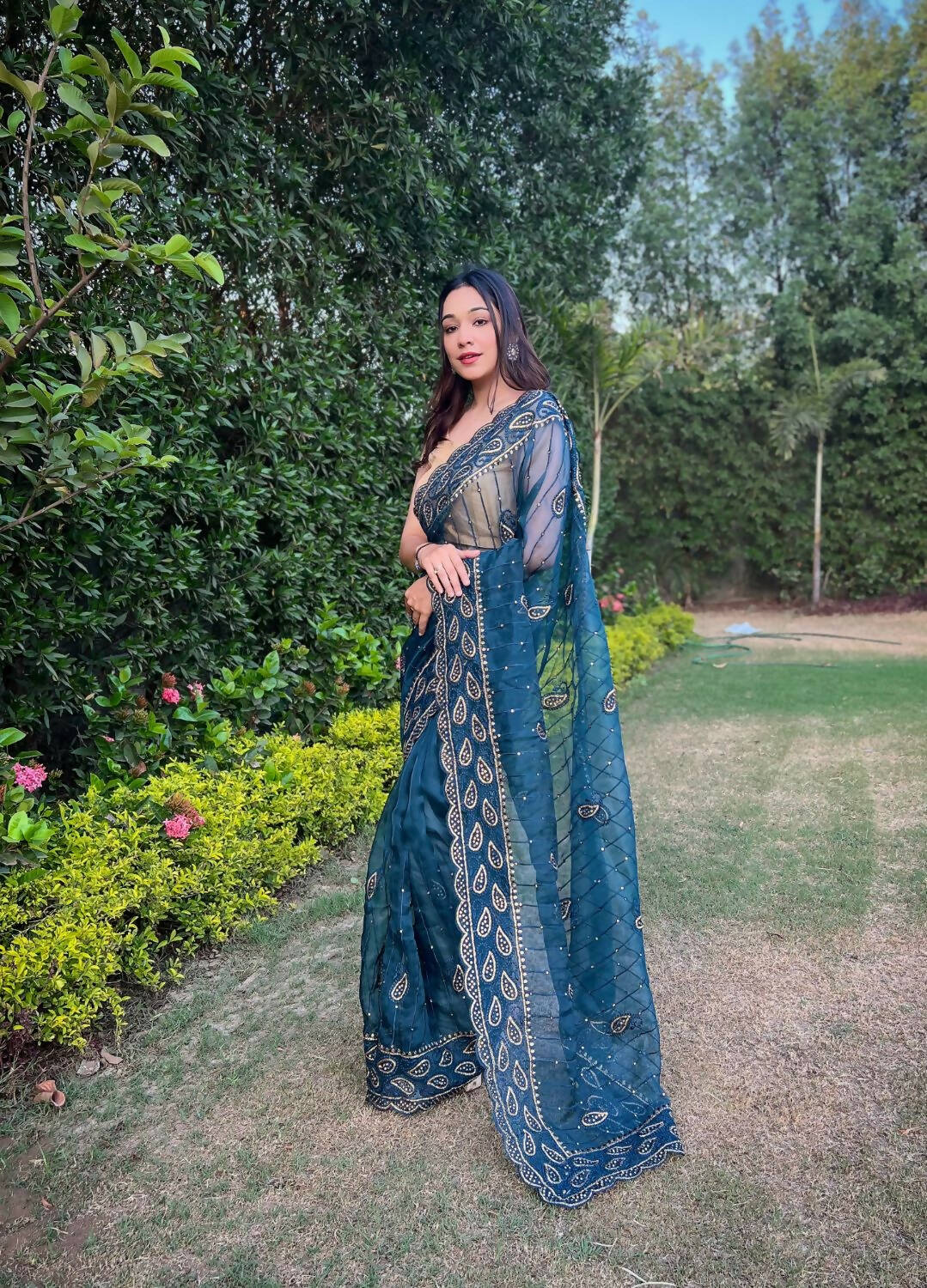 Vamsee Sky Organza Saree - Swadesiicart