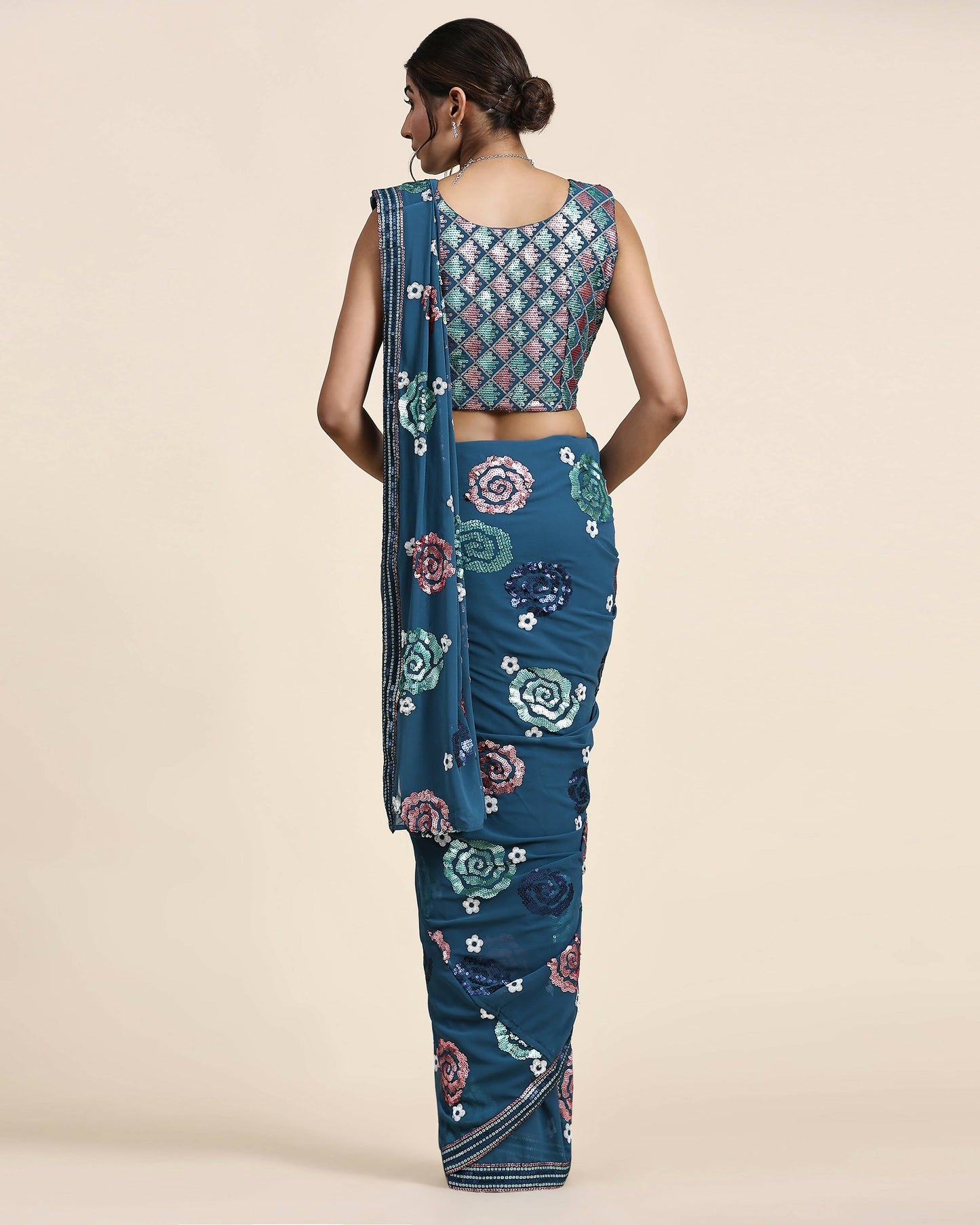 Blue Pure Georgette Sequence work Ready to wear Saree with stitched Blouse - Nirvana | Swadesiicart