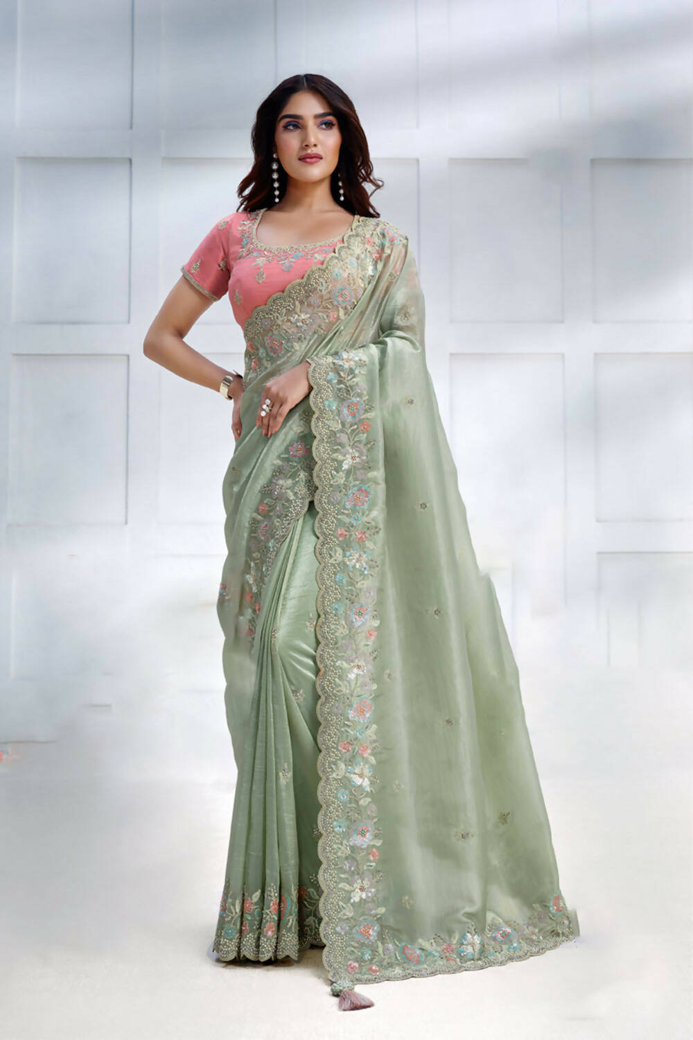 Green Banarasi Crush silk Sequence Embroidered with Stone work Saree - Mohmanthan Majestica | Swadesiicart