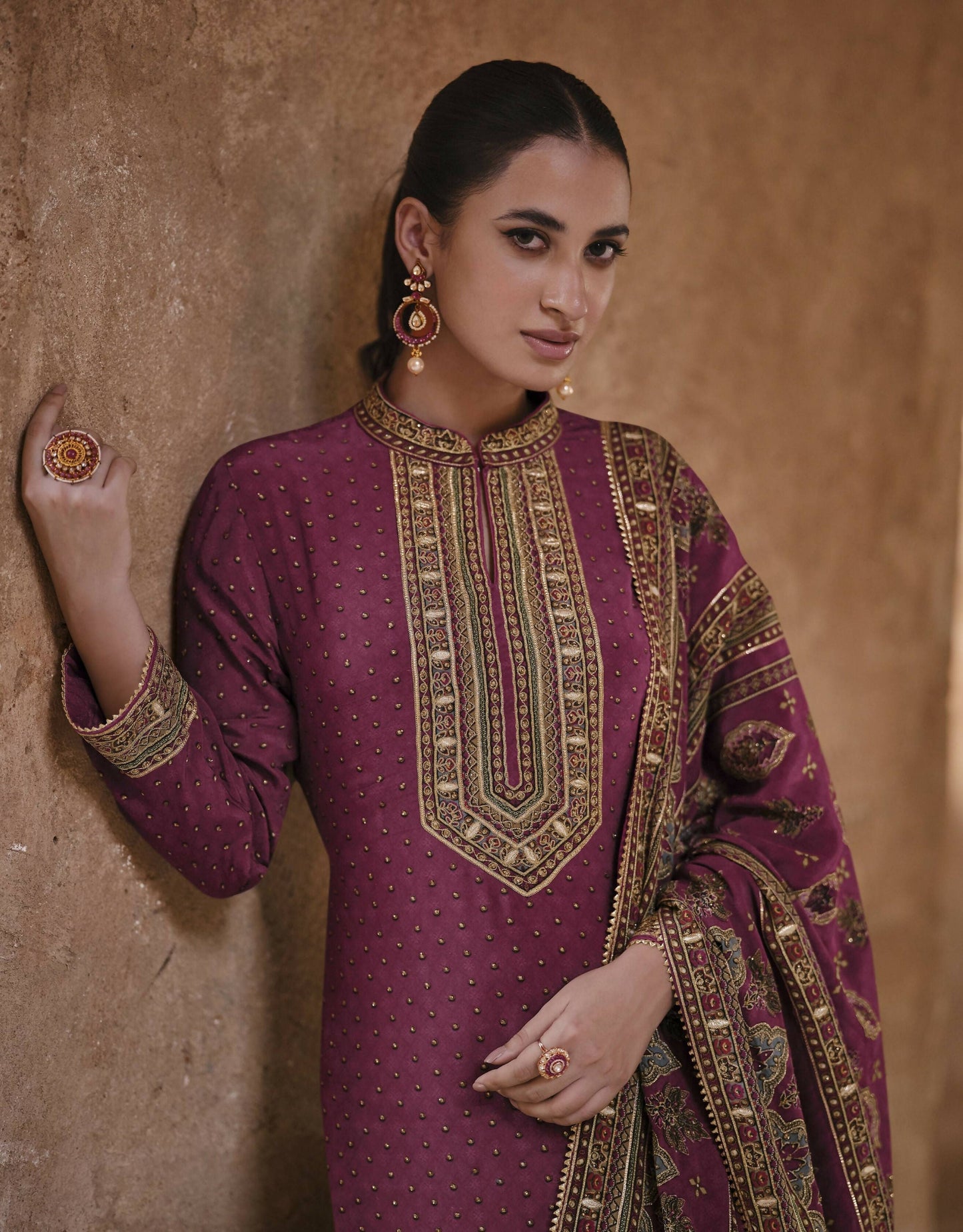 Anaita Purple Silk Readymade Palazzo Suit with Swarovski Work