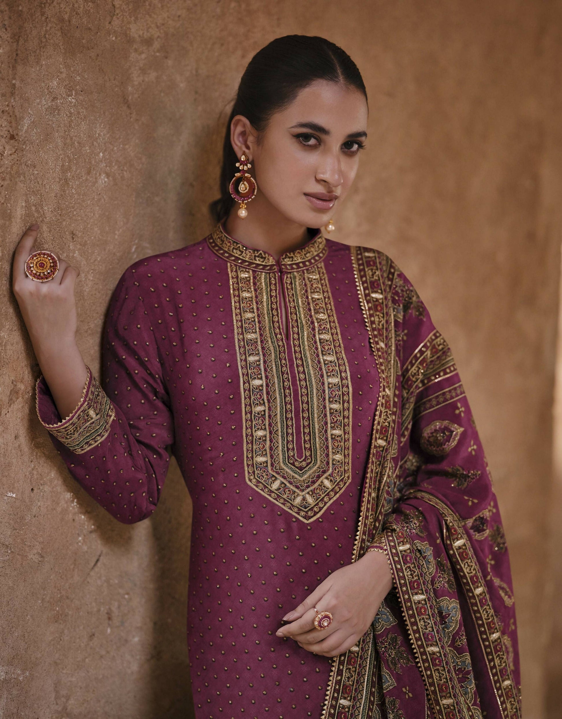 Anaita Purple Silk Readymade Palazzo Suit with Swarovski Work