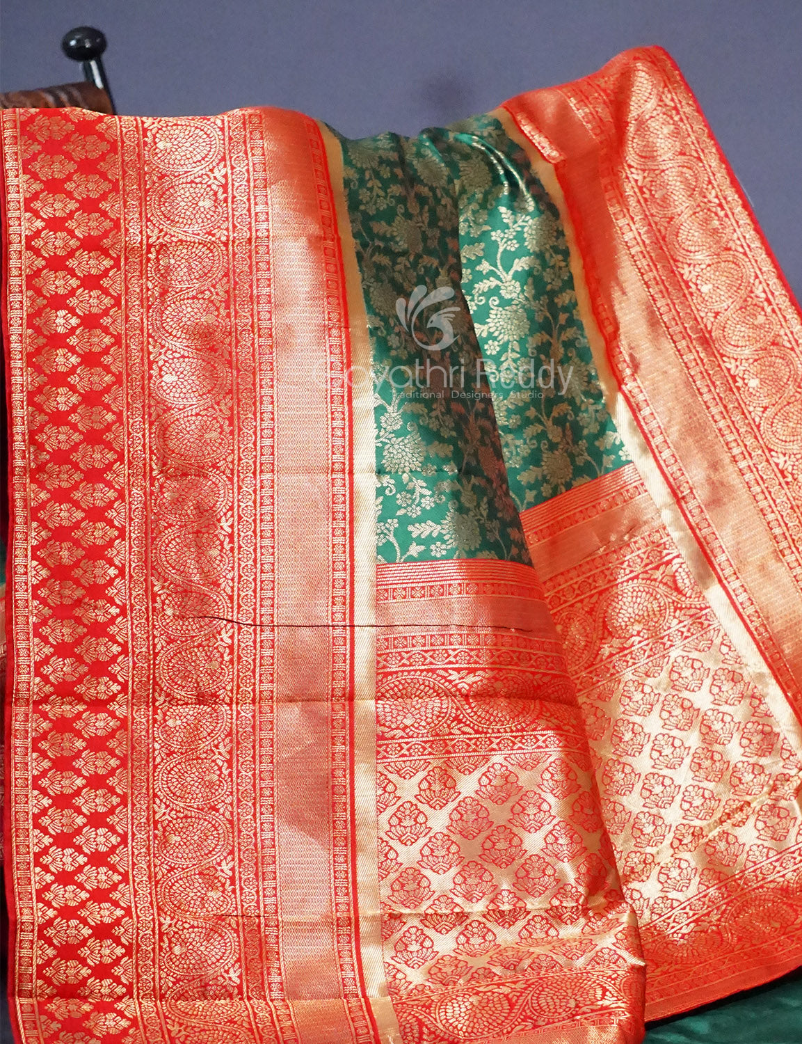 Shades of Green Floral Designbanaras Semi Silk Saree By Gayathri Reddy Designer Studio | Swadesiicart