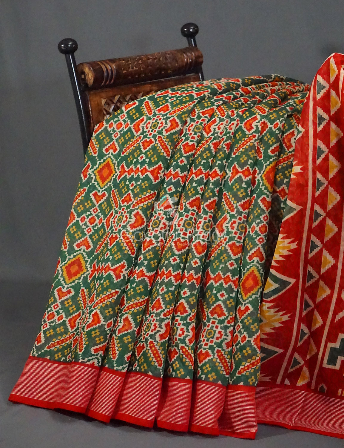 Combo of Parrot Green and Red Patola Print Semi Chanderi Saree By Gayathri Reddy Designer Studio | Swadesiicart