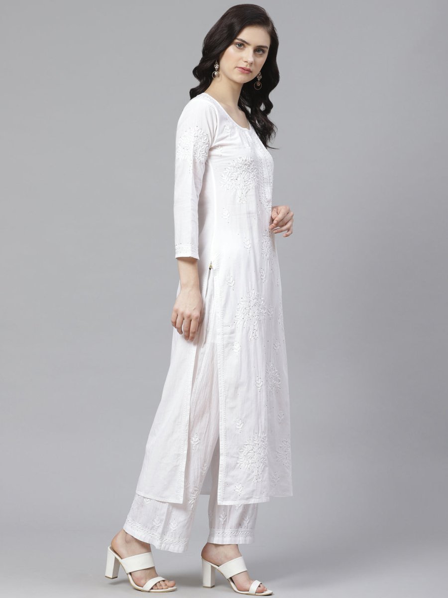 ADA Women White Chikankari Embroidered Sustainable Kurta with Palazzos | Swadesiicart