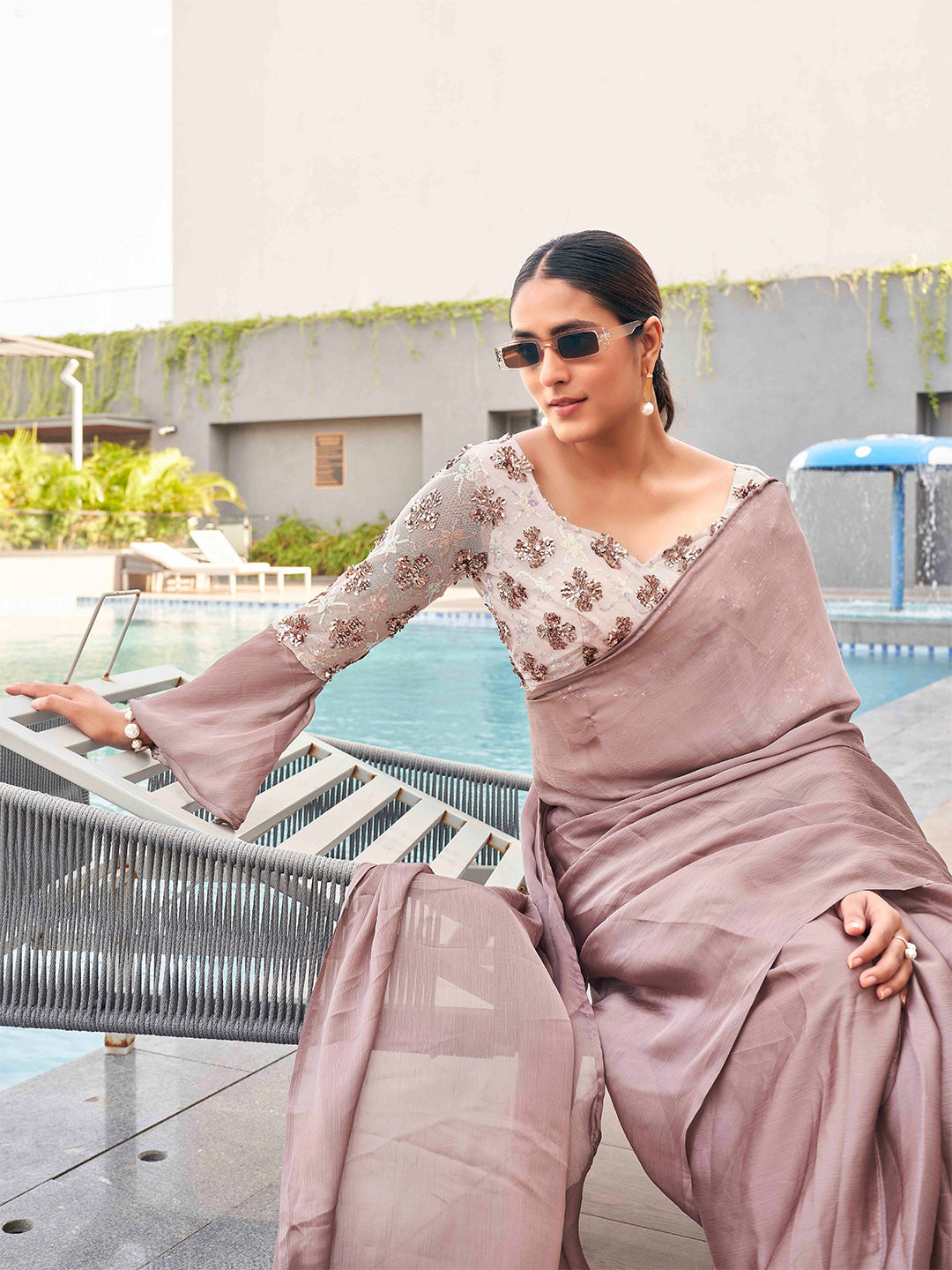 Tikhi Imli satin saree with sequence embroidered blouse | Swadesiicart