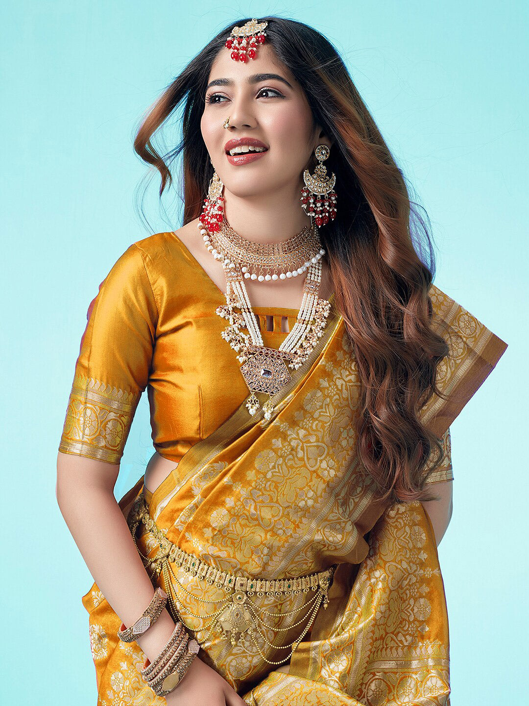 Kalini Yellow & Gold-Toned Woven Design Zari Banarasi Saree | Swadesiicart