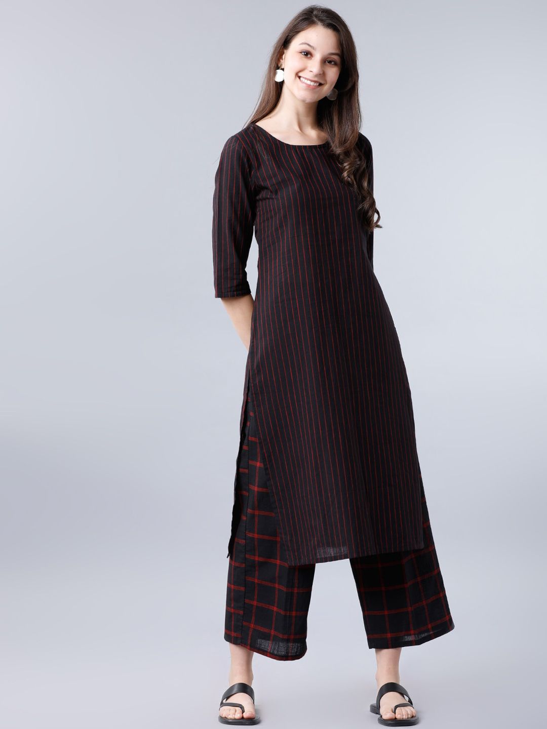 Vishudh Women Black & Red Striped A-Line Kurta - Swadesiicart