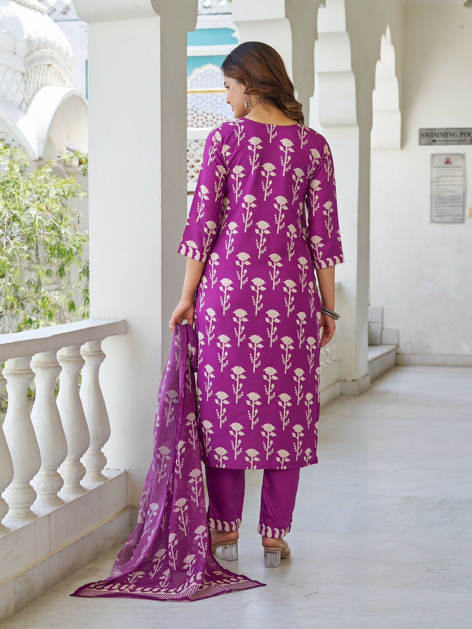 The52 Wine Women's Beautiful Cotton Blend Fabric Printed Work Straight Kurta, Pant and Dupatta Set - Swadesiicart