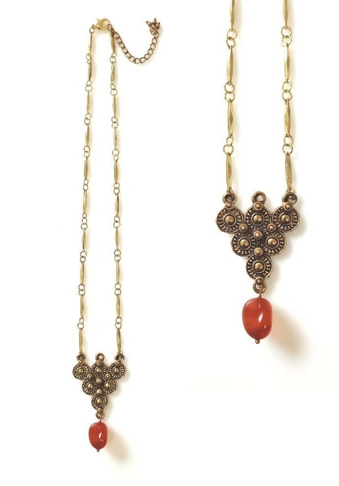 Bling Accessories Brass Finish Metal Carnelian Agate Semi Precious Stone Pendant Necklace | Swadesiicart