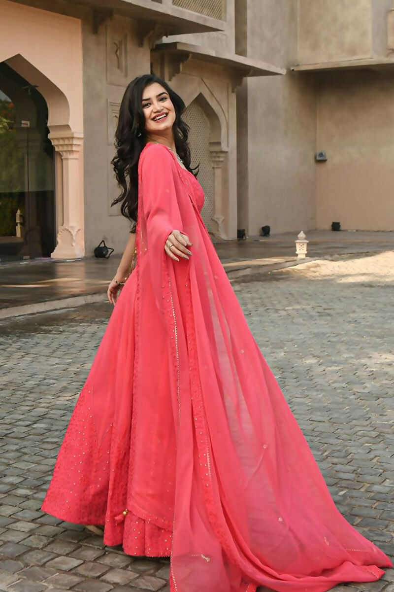 Jyoti Fashion Gajri Thread Embroidery Georgette Lehenga Choli with Dupatta | Swadesiicart