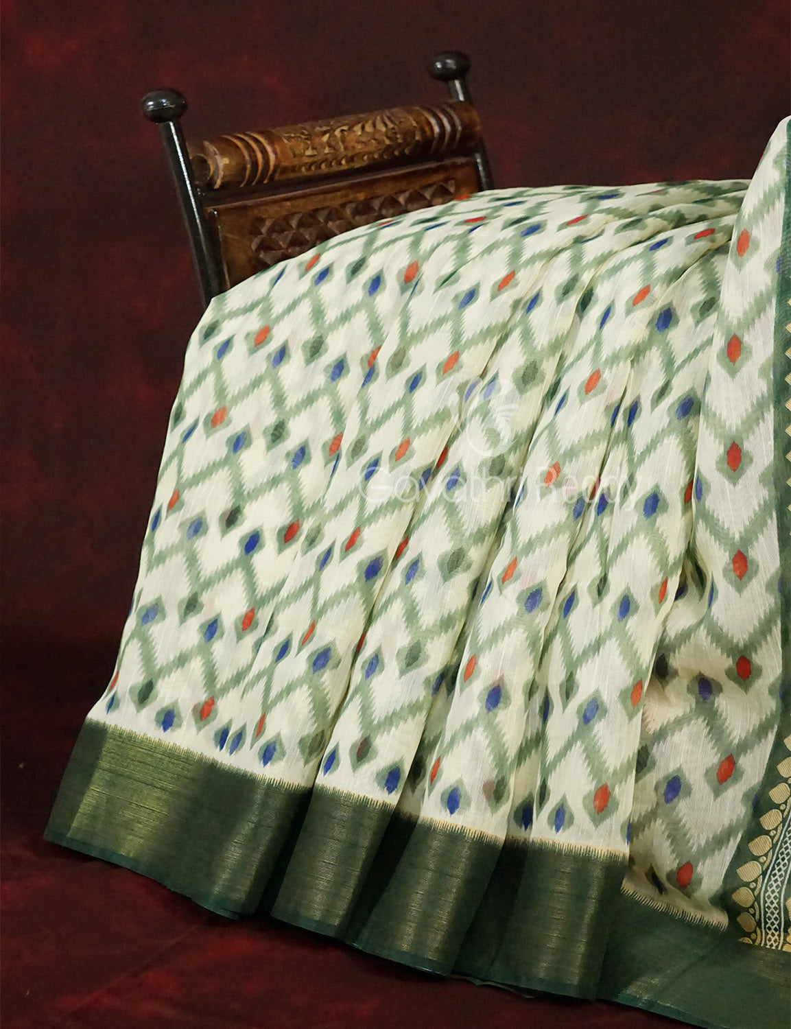 Half White And Parrot Green Colour Ikat Design Semi Chanderi Saree By Gayathri Reddy Designer Studio | Swadesiicart