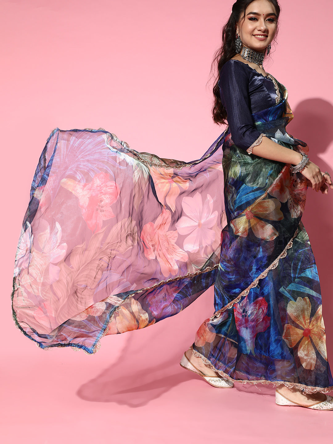 Tikhi Imli Navy Blue Saree with Zari border | Swadesiicart