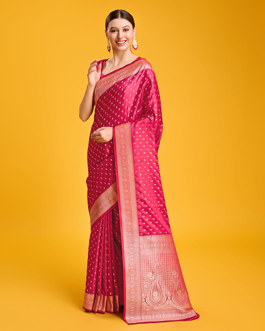 Monjolika Fashion Hot Pink Color Banarasi Satin Rich Brocade Embellishments Zari Woven Work Silk Saree | Swadesiicart