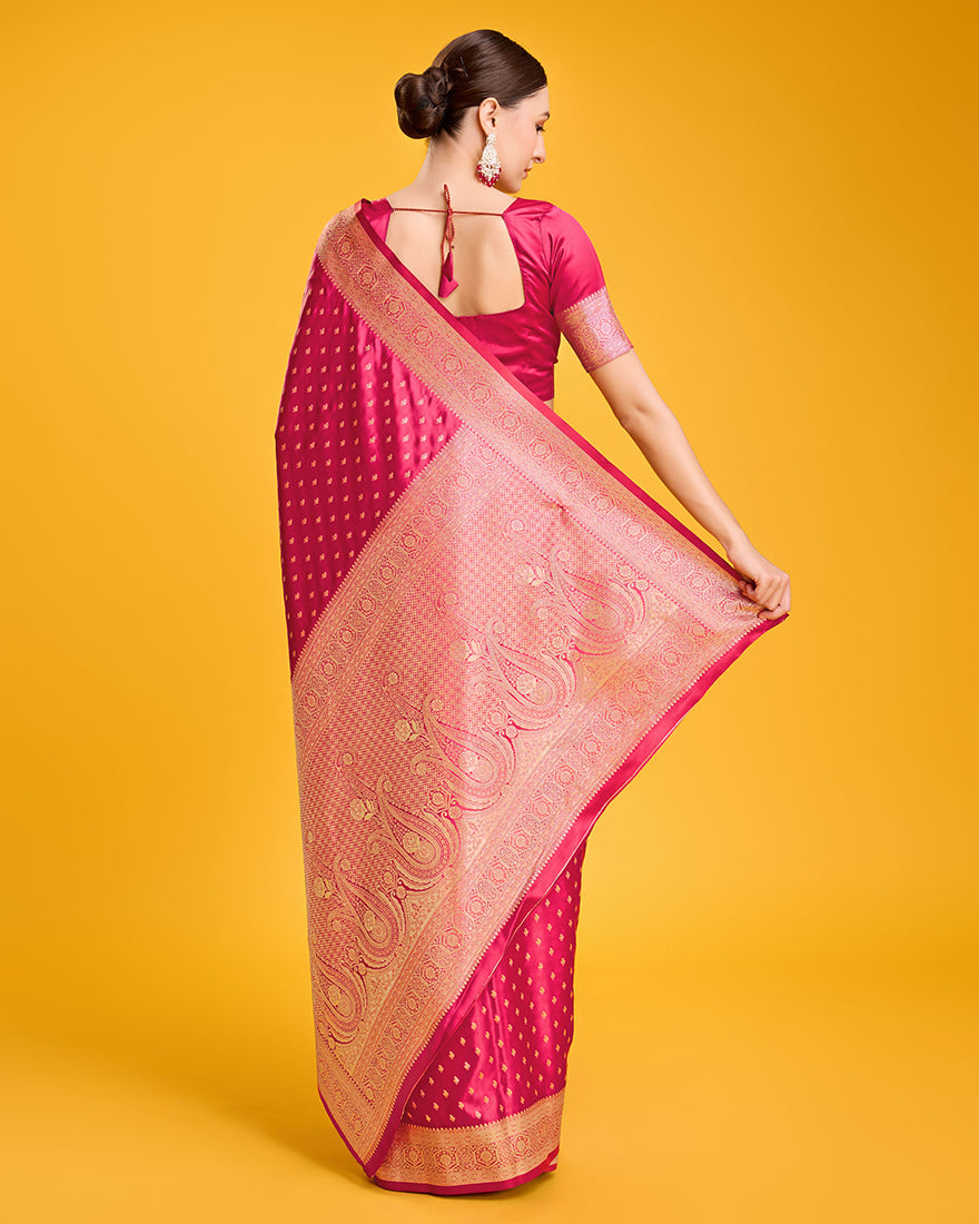 Monjolika Fashion Hot Pink Color Banarasi Satin Rich Brocade Embellishments Zari Woven Work Silk Saree | Swadesiicart