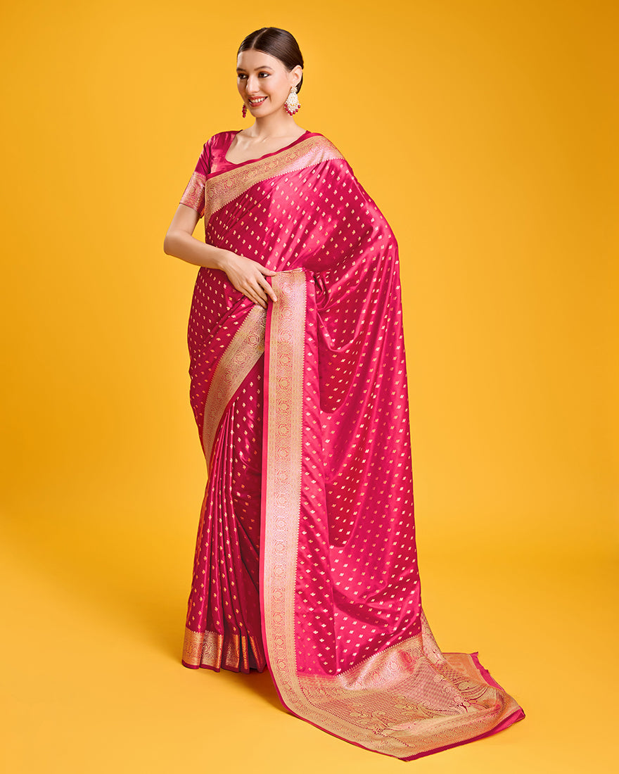 Monjolika Fashion Hot Pink Color Banarasi Satin Rich Brocade Embellishments Zari Woven Work Silk Saree | Swadesiicart