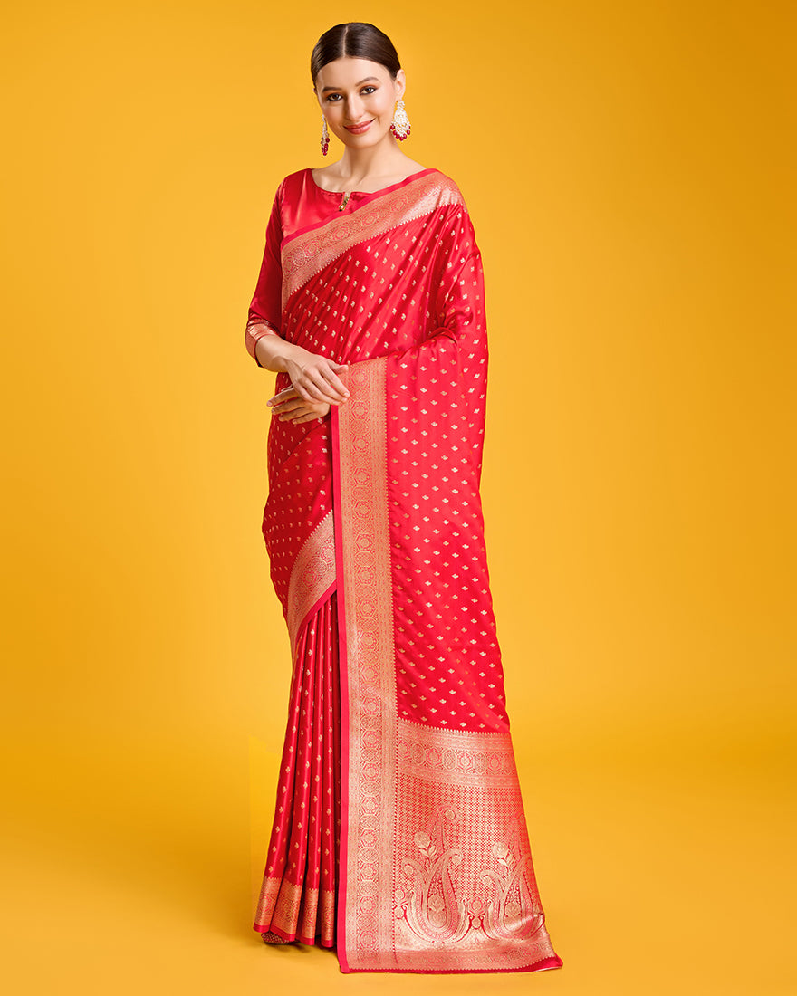 Monjolika Fashion Red Color Banarasi Satin Rich Brocade Embellishments Zari Woven Work Silk Saree | Swadesiicart