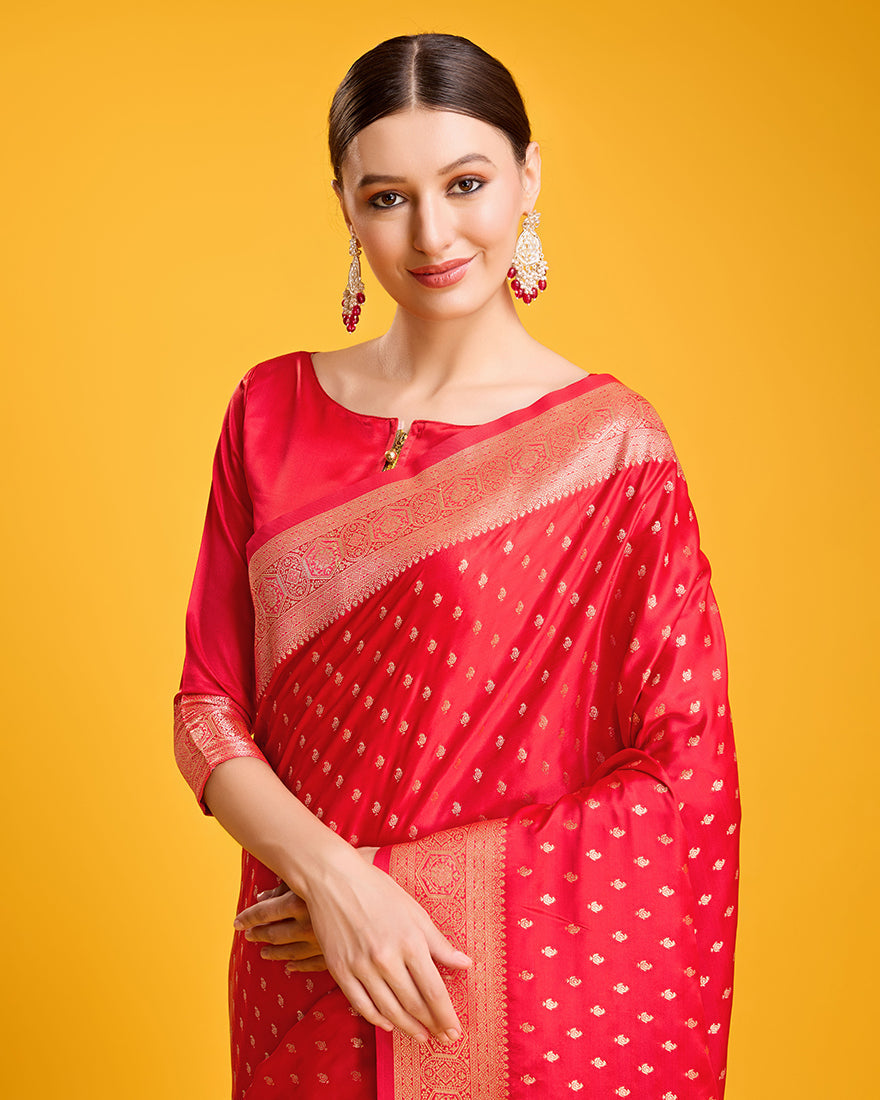 Monjolika Fashion Red Color Banarasi Satin Rich Brocade Embellishments Zari Woven Work Silk Saree | Swadesiicart
