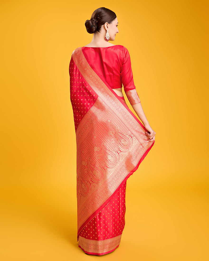 Monjolika Fashion Red Color Banarasi Satin Rich Brocade Embellishments Zari Woven Work Silk Saree | Swadesiicart