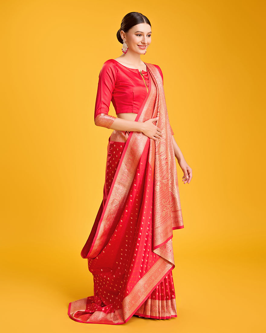 Monjolika Fashion Red Color Banarasi Satin Rich Brocade Embellishments Zari Woven Work Silk Saree | Swadesiicart