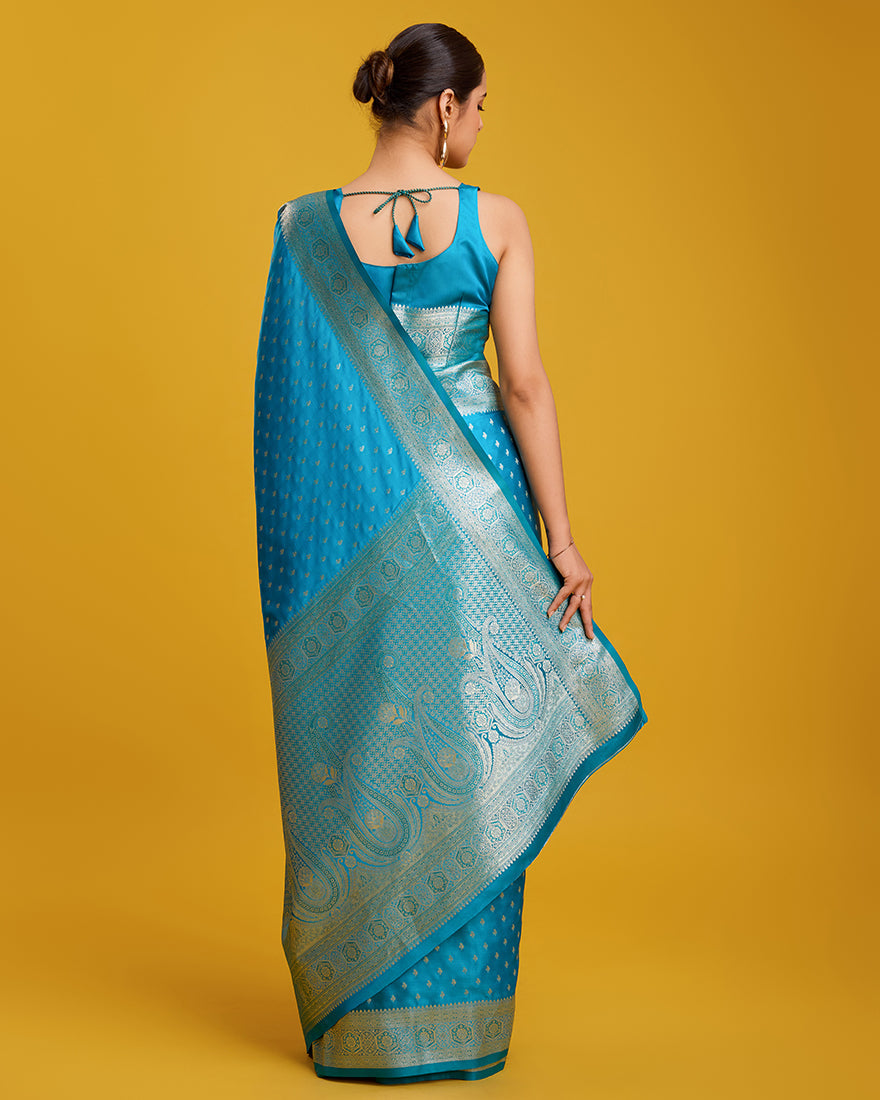 Monjolika Fashion Cyan Color Banarasi Zari Woven Work Enhanced Elegance Silk Saree | Swadesiicart