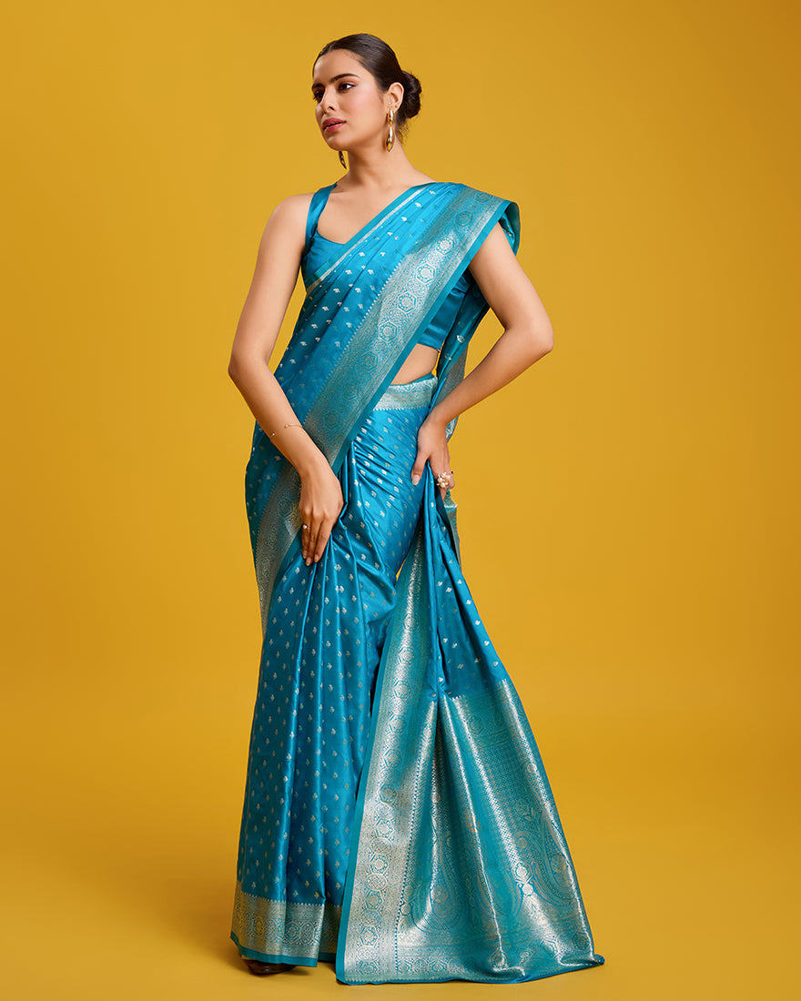 Monjolika Fashion Cyan Color Banarasi Zari Woven Work Enhanced Elegance Silk Saree | Swadesiicart
