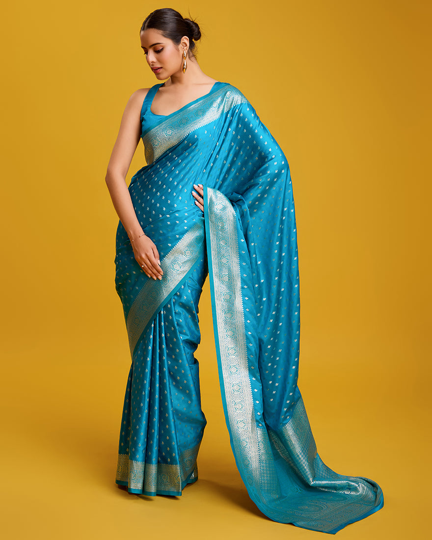 Monjolika Fashion Cyan Color Banarasi Zari Woven Work Enhanced Elegance Silk Saree | Swadesiicart