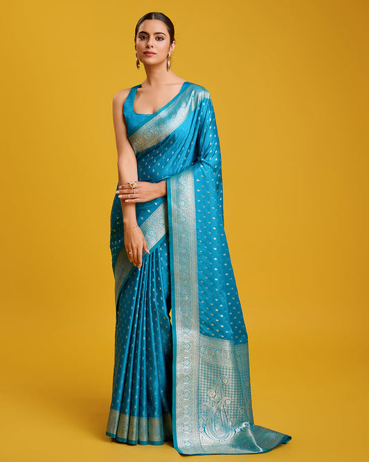 Monjolika Fashion Cyan Color Banarasi Zari Woven Work Enhanced Elegance Silk Saree | Swadesiicart