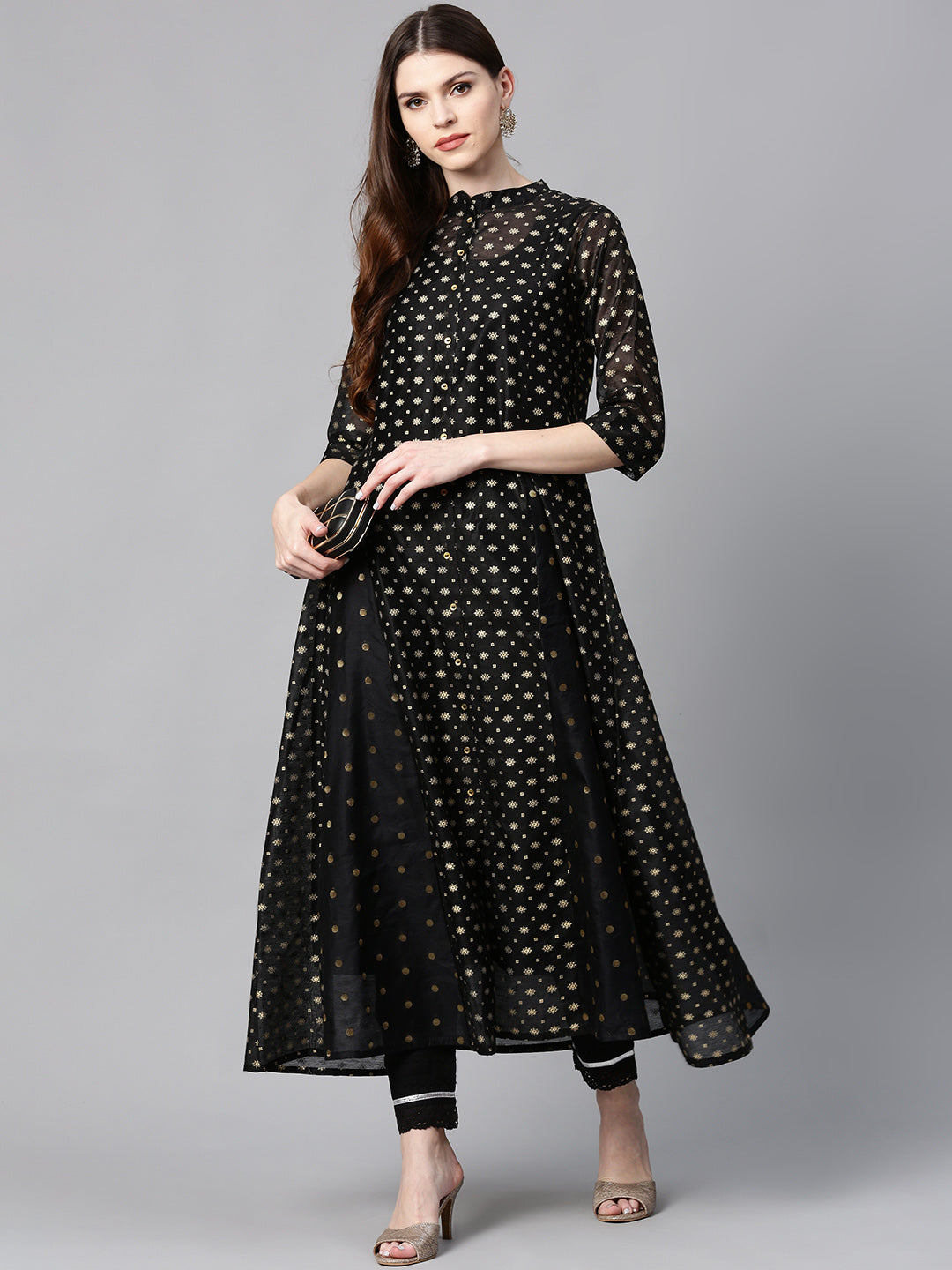 Juniper Womens Black Chanderi Foil Print Kurta - Swadesiicart