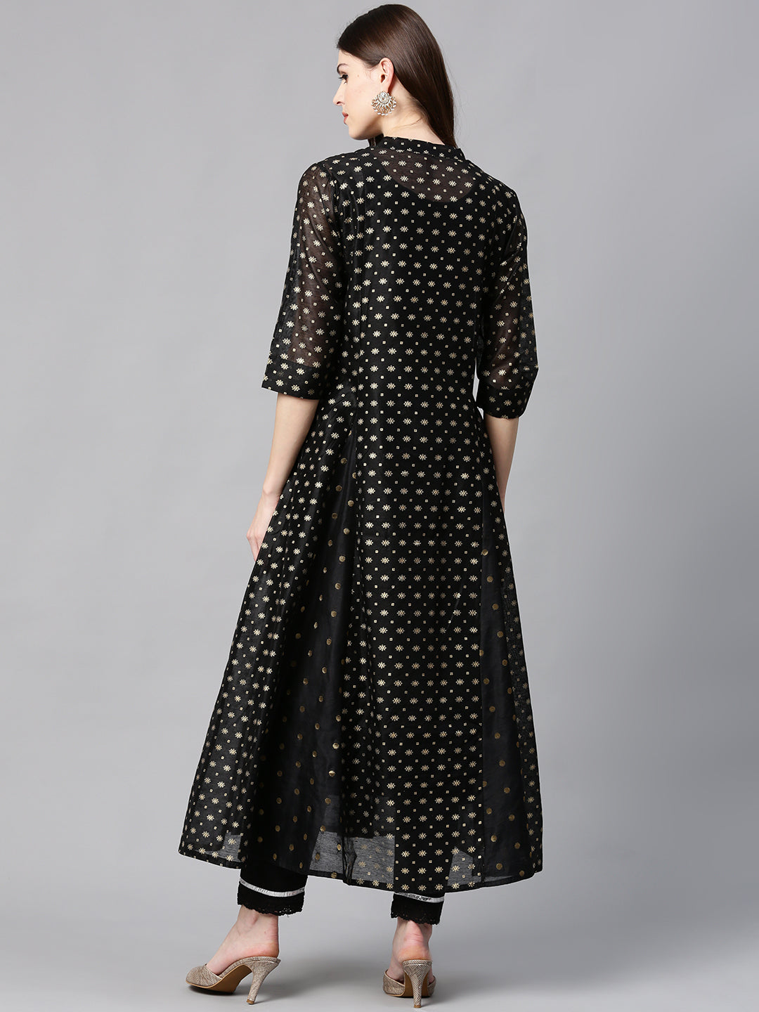 Juniper Womens Black Chanderi Foil Print Kurta - Swadesiicart