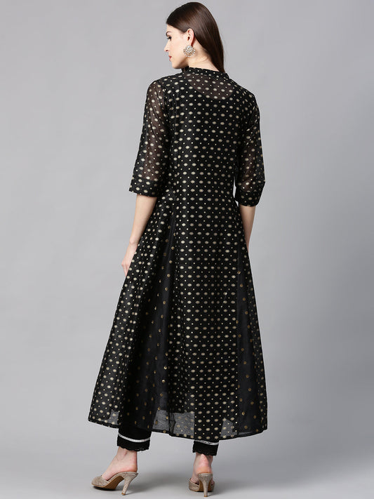 Juniper Womens Black Chanderi Foil Print Kurta - Swadesiicart