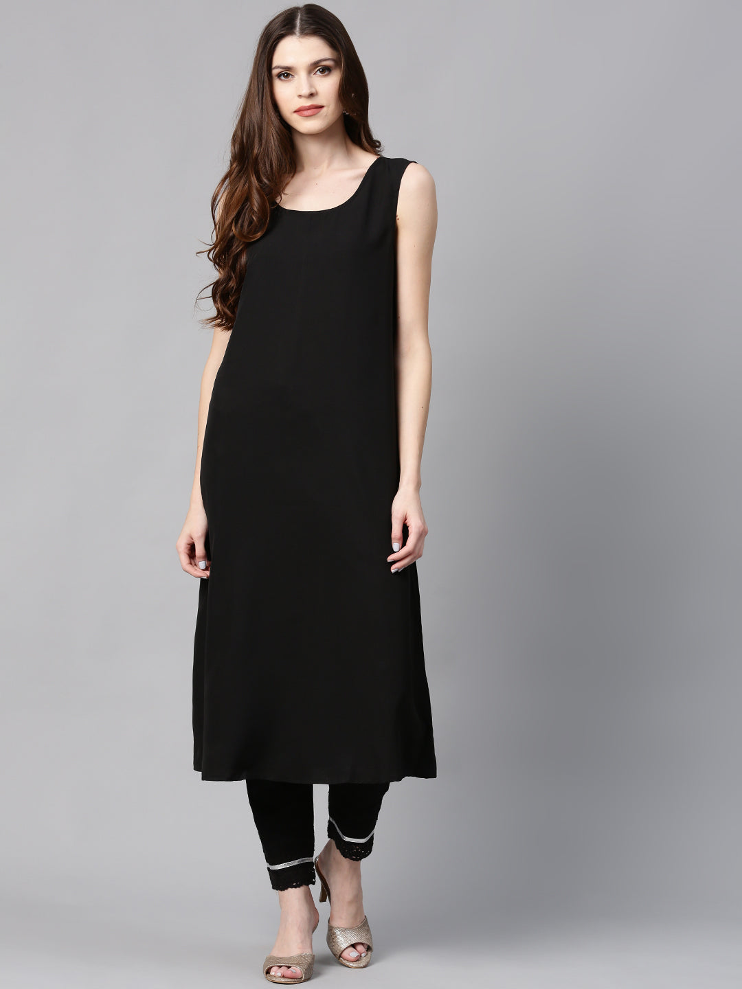 Juniper Womens Black Chanderi Foil Print Kurta - Swadesiicart