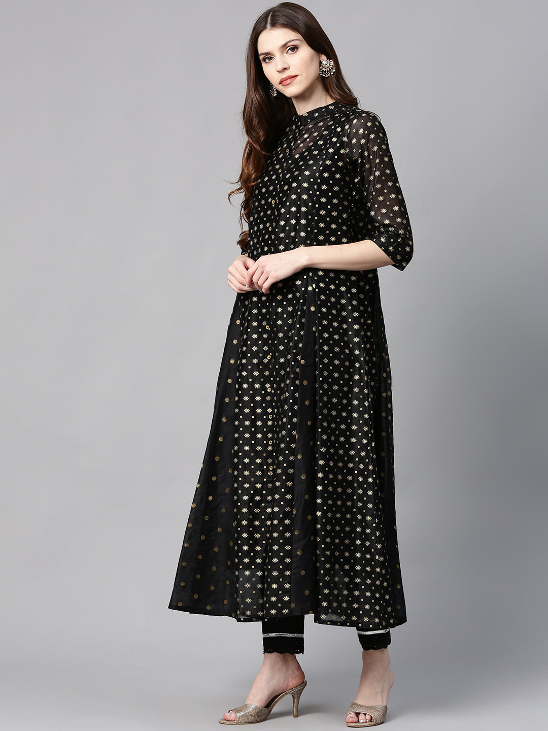 Juniper Womens Black Chanderi Foil Print Kurta - Swadesiicart