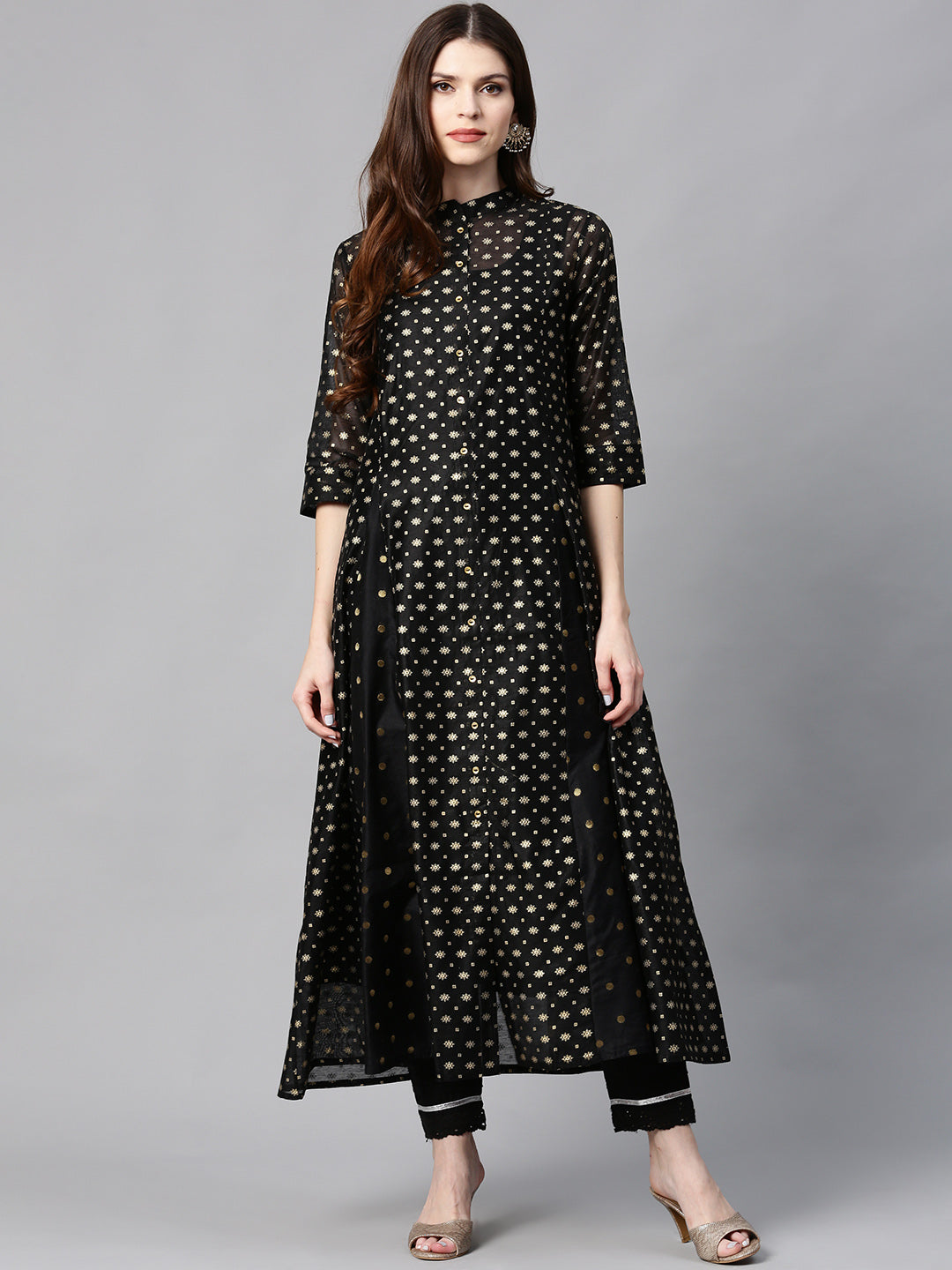 Juniper Womens Black Chanderi Foil Print Kurta - Swadesiicart