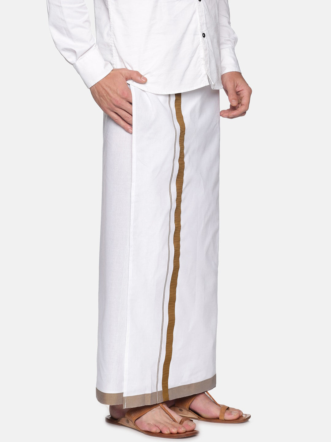 Sethukrishna Men White & Brown Solid Cotton Dhoti | Swadesiicart