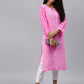ADA Women Pink & White Ethnic Motifs Embroidered Chikankari Handloom Kurta with Trousers | Swadesiicart