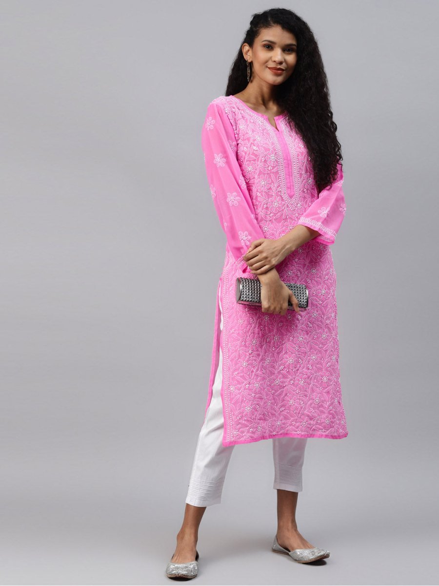 ADA Women Pink & White Ethnic Motifs Embroidered Chikankari Handloom Kurta with Trousers | Swadesiicart