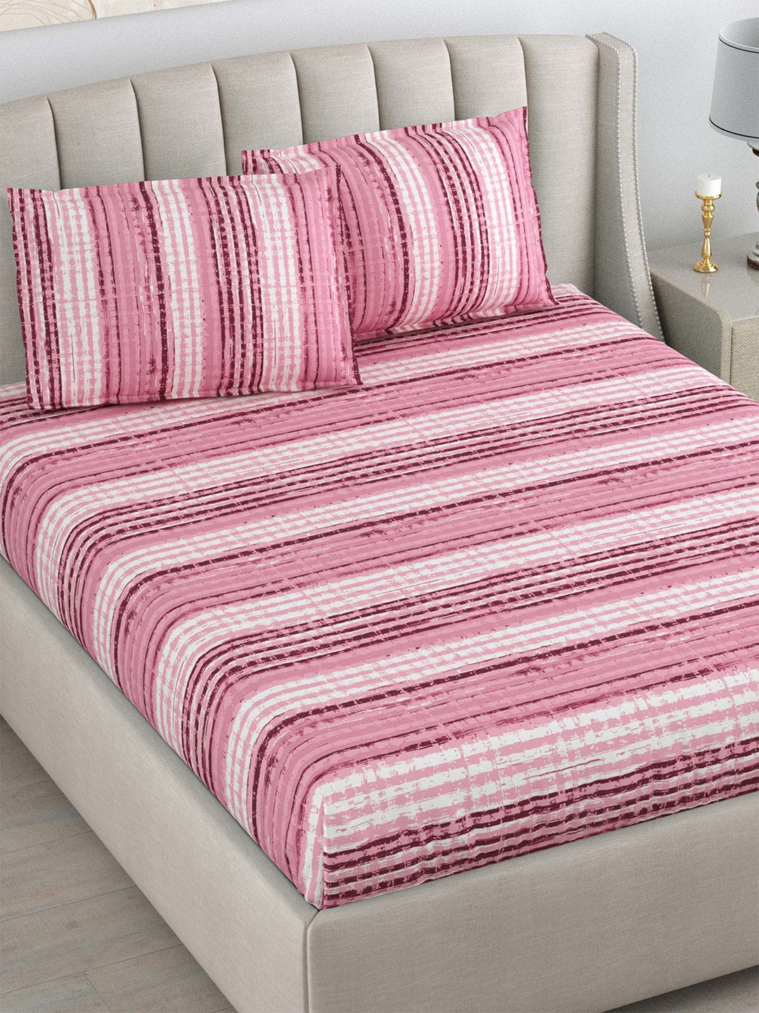DREAM WEAVERZ Pink Striped Pure Cotton 220 TC King Bedsheet With 2 Pillow Covers - Swadesiicart