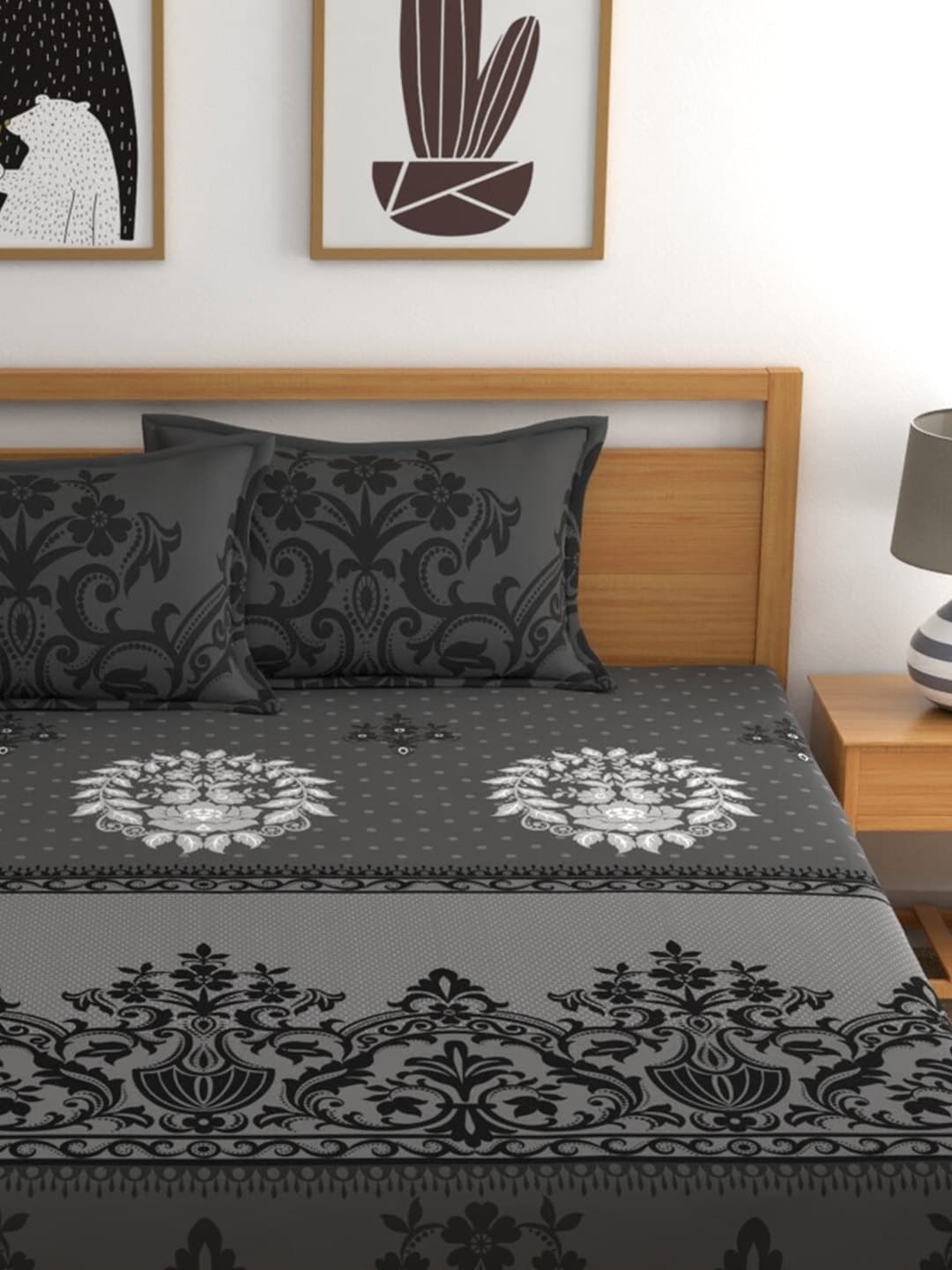 Dreamscape Grey & Black Ethnic Motifs 144 TC Bedsheet with Pillow Covers - Swadesiicart